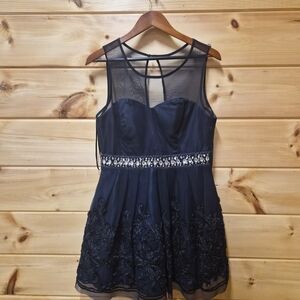 Navy BLUE Sleeveless Mini Dress with Embroidered And Rhinestone Accents